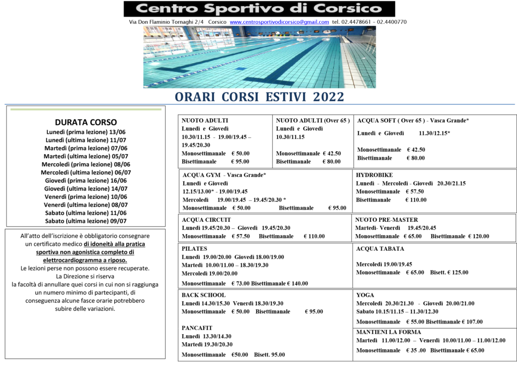 calendario corsi estivi corsico 2022